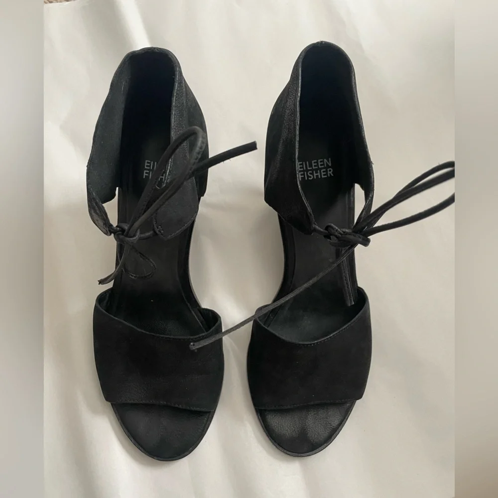 Eileen Fisher Ann Black Suede Tumbled Nubuck Ankle Tie Sandals Sz 7.5 Block Heel